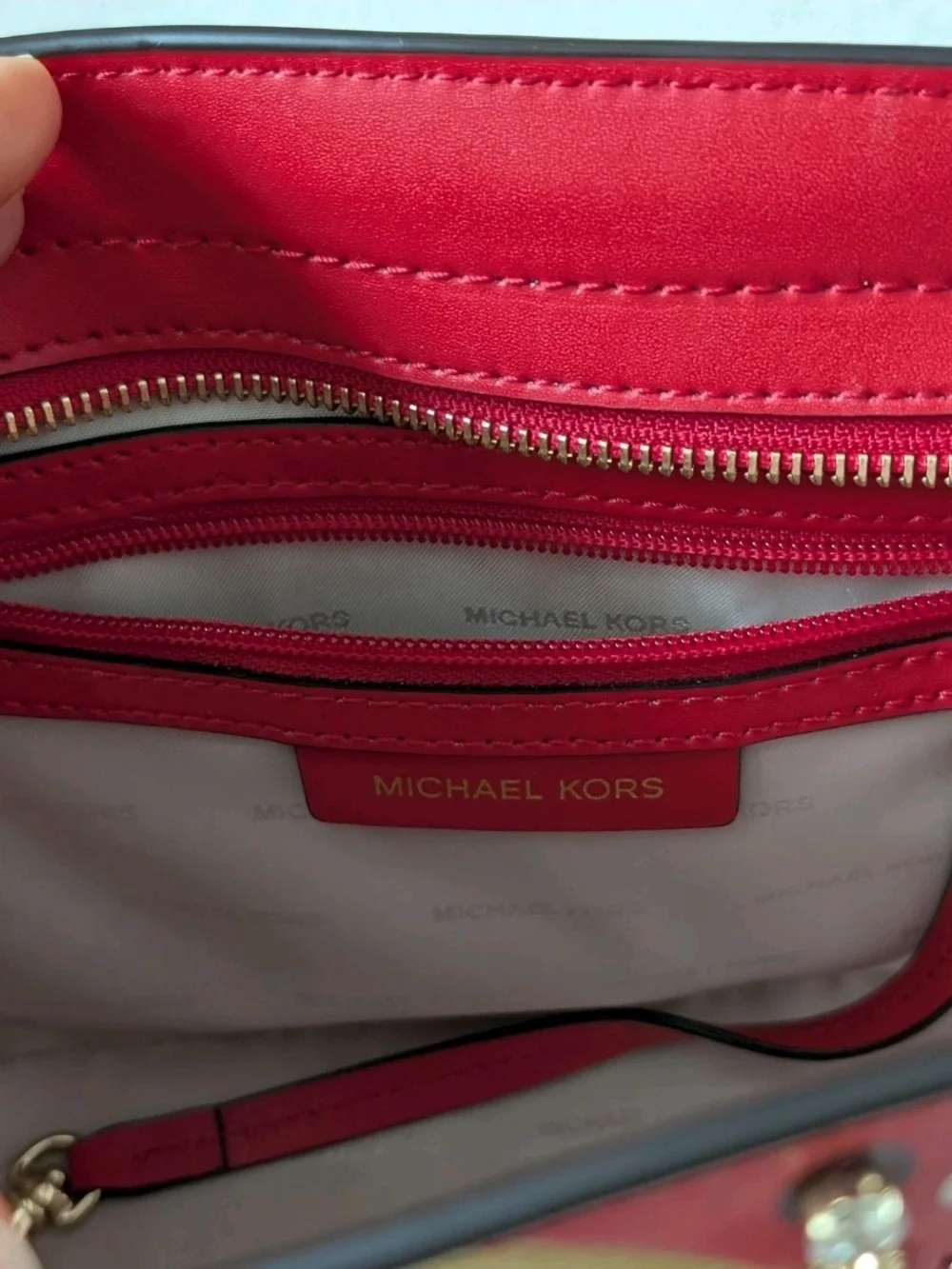 Michael Kors Red Shoulder Bag Star Studded Metallic Crystal Zip Gold Hardware
